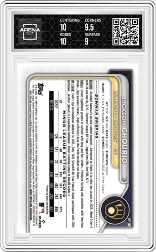 Jackson Chourio from the 2024 Bowman Mega Box set graded by Arena Club and given an overall grade of 9.5.