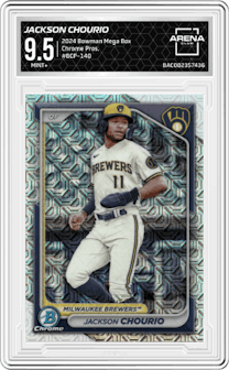 Jackson Chourio from the 2024 Bowman Mega Box set graded by Arena Club and given an overall grade of 9.5.