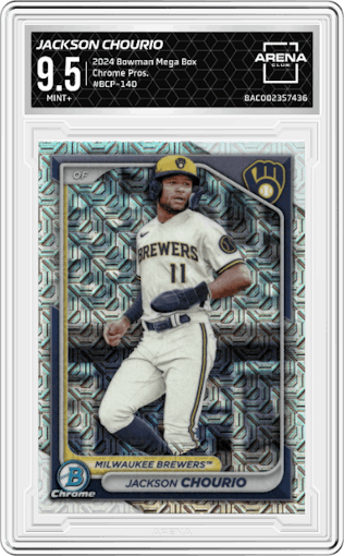 Jackson Chourio from the 2024 Bowman Mega Box set graded by Arena Club and given an overall grade of 9.5.