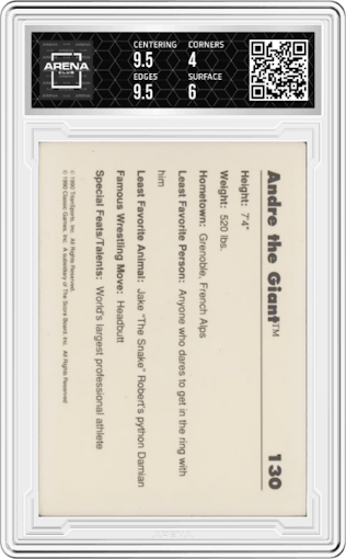 Andre The Giant from the 1990 Classic WWF set graded by Arena Club and given an overall grade of 4.5.