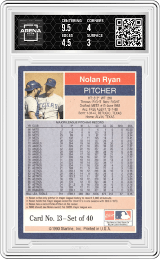 Nolan Ryan from the 1990 Starline Long John Silver set graded by Arena Club and given an overall grade of 3.5.
