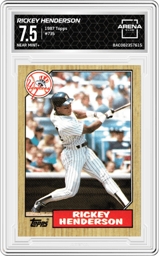 Rickey Henderson from the 1987 Topps set graded by Arena Club and given an overall grade of 7.5.