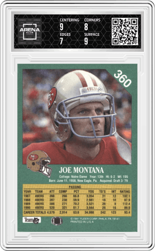 Joe Montana from the 1991 Fleer set graded by Arena Club and given an overall grade of 7.5.