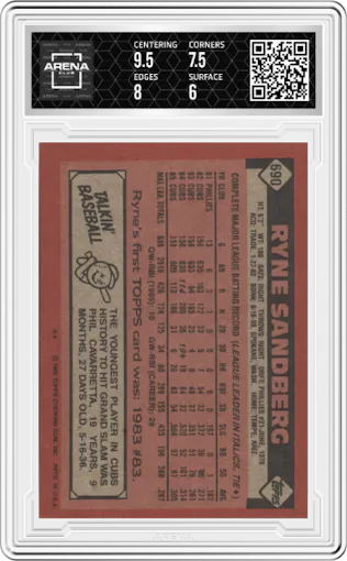 Ryne Sandberg from the 1986 Topps set graded by Arena Club and given an overall grade of 6.5.
