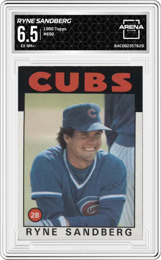 Ryne Sandberg from the 1986 Topps set graded by Arena Club and given an overall grade of 6.5.