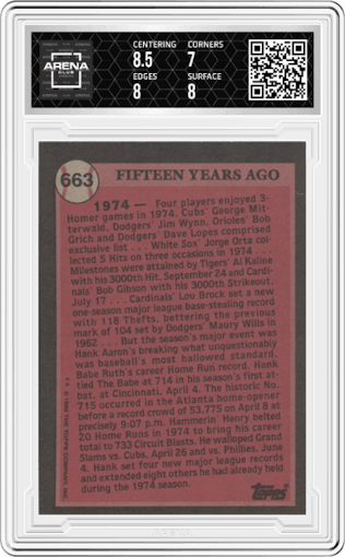 Hank Aaron from the 1989 Topps set graded by Arena Club and given an overall grade of 7.5.