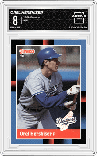 Orel Hershiser from the 1988 Donruss set graded by Arena Club and given an overall grade of 8.