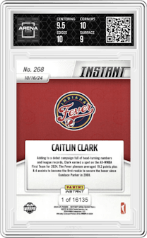 Caitlin Clark from the 2024-25 Panini Instant WNBA set graded by Arena Club and given an overall grade of 9.5.