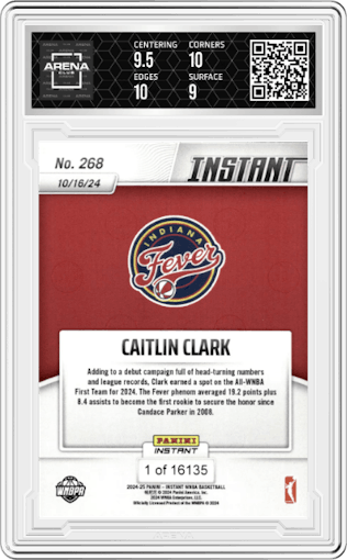 Caitlin Clark from the 2024-25 Panini Instant WNBA set graded by Arena Club and given an overall grade of 9.5.