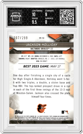 Jackson Holliday from the 2023 Bowman's Best set featuring a Mini-Diamond Refractor parallel graded by Arena Club and given an overall grade of 8.5.