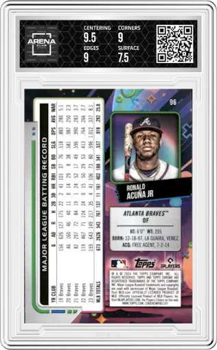 Ronald Acuna Jr. from the 2024 Topps Cosmic Chrome set featuring a Nucleus Refractor parallel graded by Arena Club and given an overall grade of 8.