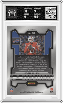 Josh Allen from the 2023 Panini Prizm set featuring a Silver Prizm parallel graded by Arena Club and given an overall grade of 9.5.