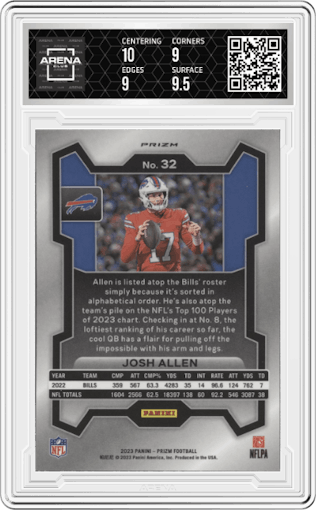 Josh Allen from the 2023 Panini Prizm set featuring a Silver Prizm parallel graded by Arena Club and given an overall grade of 9.5.