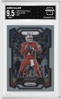 Josh Allen from the 2023 Panini Prizm set featuring a Silver Prizm parallel graded by Arena Club and given an overall grade of 9.5.
