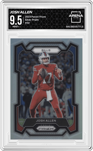 Josh Allen from the 2023 Panini Prizm set featuring a Silver Prizm parallel graded by Arena Club and given an overall grade of 9.5.