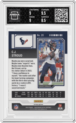 C.J. Stroud from the 2023 Panini Contenders Optic set featuring a Green Pulsar parallel graded by Arena Club and given an overall grade of 9.
