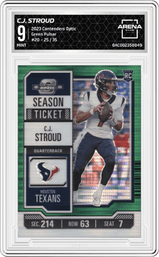 C.J. Stroud from the 2023 Panini Contenders Optic set featuring a Green Pulsar parallel graded by Arena Club and given an overall grade of 9.
