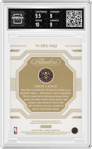 Nikola Jokic from the 2022-23 Panini Flawless set graded by Arena Club and given an overall grade of 9.5.