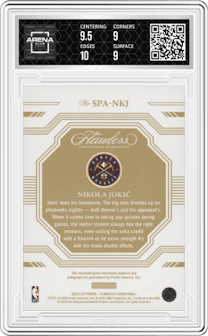 Nikola Jokic from the 2022-23 Panini Flawless set graded by Arena Club and given an overall grade of 9.5.