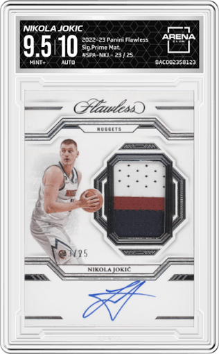 Nikola Jokic from the 2022-23 Panini Flawless set graded by Arena Club and given an overall grade of 9.5.