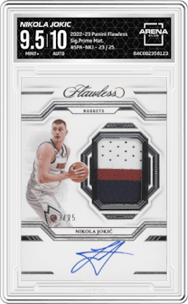 Nikola Jokic from the 2022-23 Panini Flawless set graded by Arena Club and given an overall grade of 9.5.