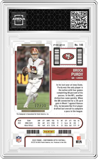 Brock Purdy from the 2022 Panini Contenders Optic set featuring a  Purple Pulsar parallel graded by Arena Club.