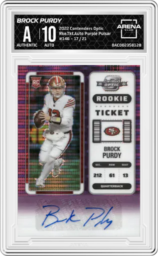 Brock Purdy from the 2022 Panini Contenders Optic set featuring a  Purple Pulsar parallel graded by Arena Club.