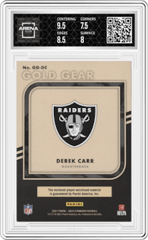 Derek Carr from the 2021 Panini Gold Standard set featuring a Premium parallel graded by Arena Club and given an overall grade of 8.