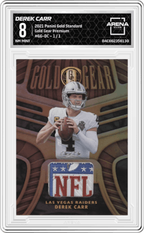Derek Carr from the 2021 Panini Gold Standard set featuring a Premium parallel graded by Arena Club and given an overall grade of 8.