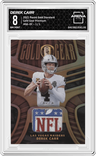 Derek Carr from the 2021 Panini Gold Standard set featuring a Premium parallel graded by Arena Club and given an overall grade of 8.