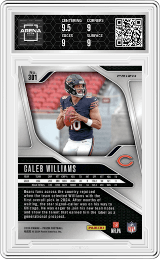 Caleb Williams from the 2024 Panini Prizm set featuring a Silver Prizm parallel graded by Arena Club and given an overall grade of 9.