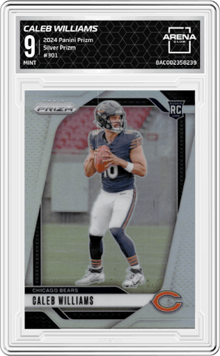 Caleb Williams from the 2024 Panini Prizm set featuring a Silver Prizm parallel graded by Arena Club and given an overall grade of 9.