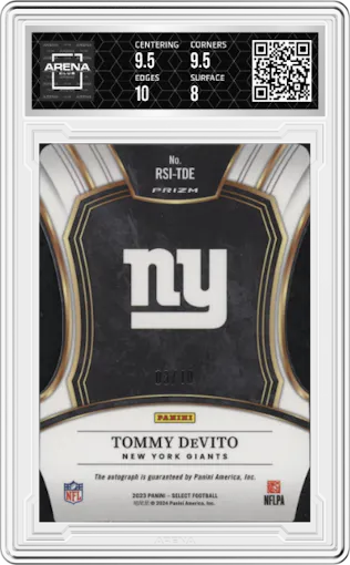 Tommy DeVito from the 2023 Panini Select set featuring a Gold Prizm parallel graded by Arena Club and given an overall grade of 8.5.