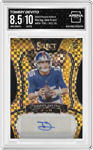 Tommy DeVito from the 2023 Panini Select set featuring a Gold Prizm parallel graded by Arena Club and given an overall grade of 8.5.