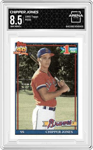 Chipper Jones from the 1991 Topps set graded by Arena Club and given an overall grade of 8.5.