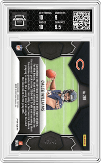 Caleb Williams from the 2024 Panini Mosaic set featuring a Purple Mosaic parallel graded by Arena Club and given an overall grade of 9.5.