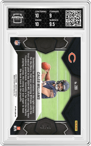 Caleb Williams from the 2024 Panini Mosaic set featuring a Purple Mosaic parallel graded by Arena Club and given an overall grade of 9.5.