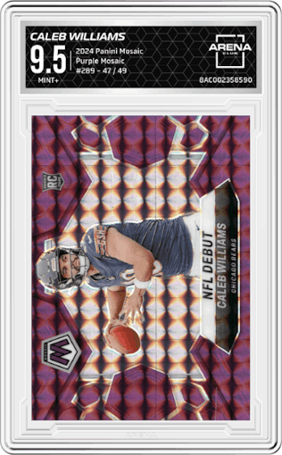 Caleb Williams from the 2024 Panini Mosaic set featuring a Purple Mosaic parallel graded by Arena Club and given an overall grade of 9.5.
