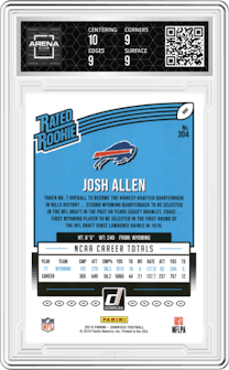 Josh Allen from the 2018 Panini Donruss set featuring a Press Proof Blue parallel graded by Arena Club and given an overall grade of 9.5.