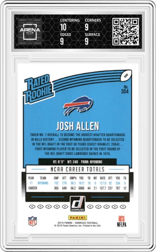 Josh Allen from the 2018 Panini Donruss set featuring a Press Proof Blue parallel graded by Arena Club and given an overall grade of 9.5.