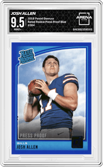 Josh Allen from the 2018 Panini Donruss set featuring a Press Proof Blue parallel graded by Arena Club and given an overall grade of 9.5.