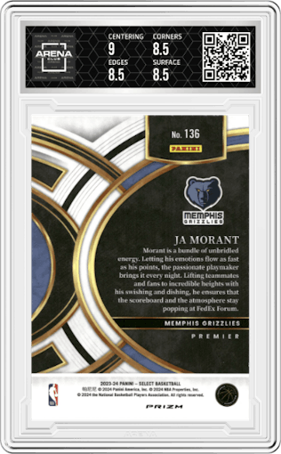 Ja Morant from the 2023-24 Panini Select  set featuring a Tiger parallel graded by Arena Club and given an overall grade of 8.5.
