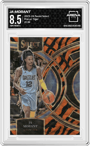 Ja Morant from the 2023-24 Panini Select  set featuring a Tiger parallel graded by Arena Club and given an overall grade of 8.5.