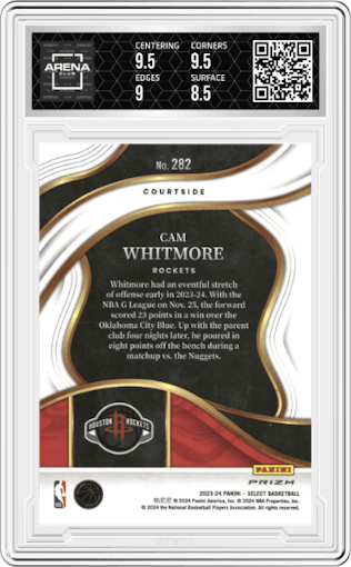 Cam Whitmore from the 2023-24 Panini Select  set featuring a Tiger parallel graded by Arena Club and given an overall grade of 9.
