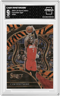 Cam Whitmore from the 2023-24 Panini Select  set featuring a Tiger parallel graded by Arena Club and given an overall grade of 9.