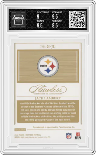 Jack Lambert from the 2022 Panini Flawless set featuring a Ruby parallel graded by Arena Club and given an overall grade of 9.