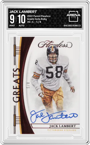 Jack Lambert from the 2022 Panini Flawless set featuring a Ruby parallel graded by Arena Club and given an overall grade of 9.