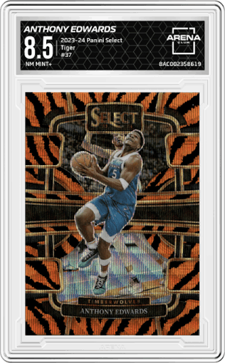 Anthony Edwards from the 2023-24 Panini Select  set featuring a Tiger parallel graded by Arena Club and given an overall grade of 8.5.