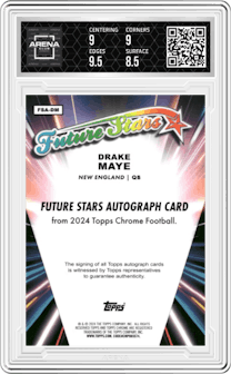 Drake Maye from the 2024 Topps Chrome set featuring a Blue Refractor parallel graded by Arena Club and given an overall grade of 9.
