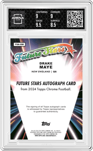 Drake Maye from the 2024 Topps Chrome set featuring a Blue Refractor parallel graded by Arena Club and given an overall grade of 9.